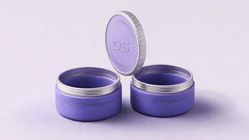 A coin poised on edge above two open violet canisters