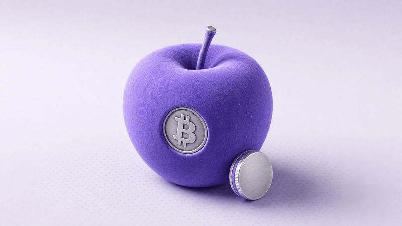 A velvety violet apple with a Bitcoin medallion pressed into its side