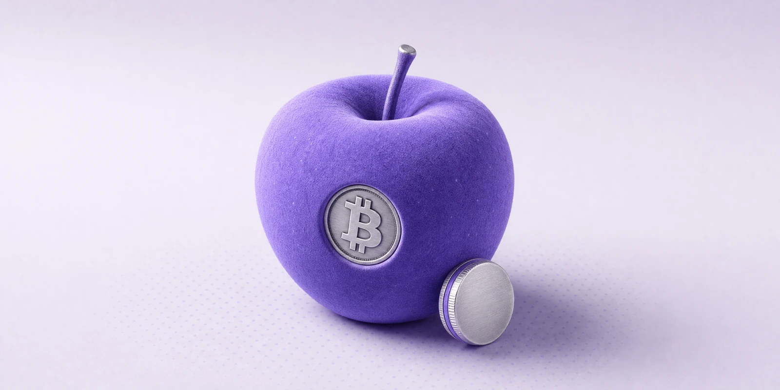 A velvety violet apple with a Bitcoin medallion pressed into its side
