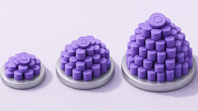 Three platforms holding small, medium and large masses of token discs