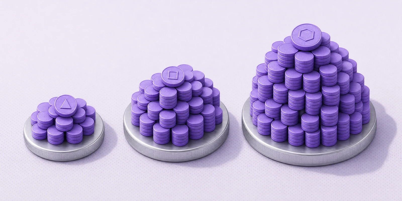 Three platforms holding small, medium and large masses of token discs