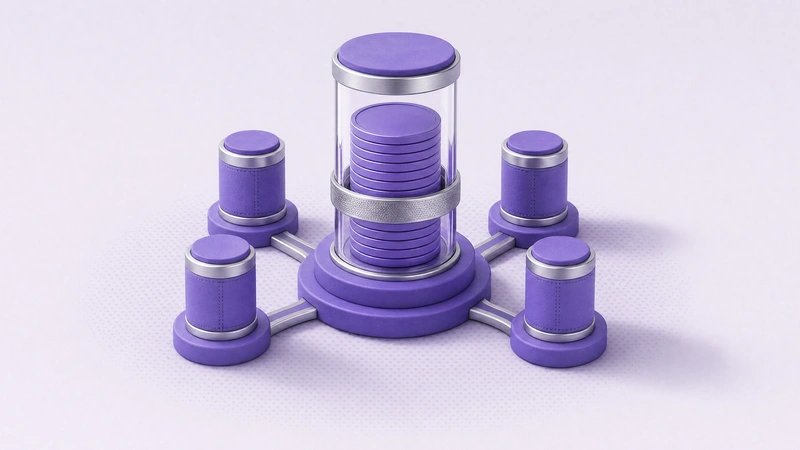 Five violet validator pillars ringed around a glass column of locked coins