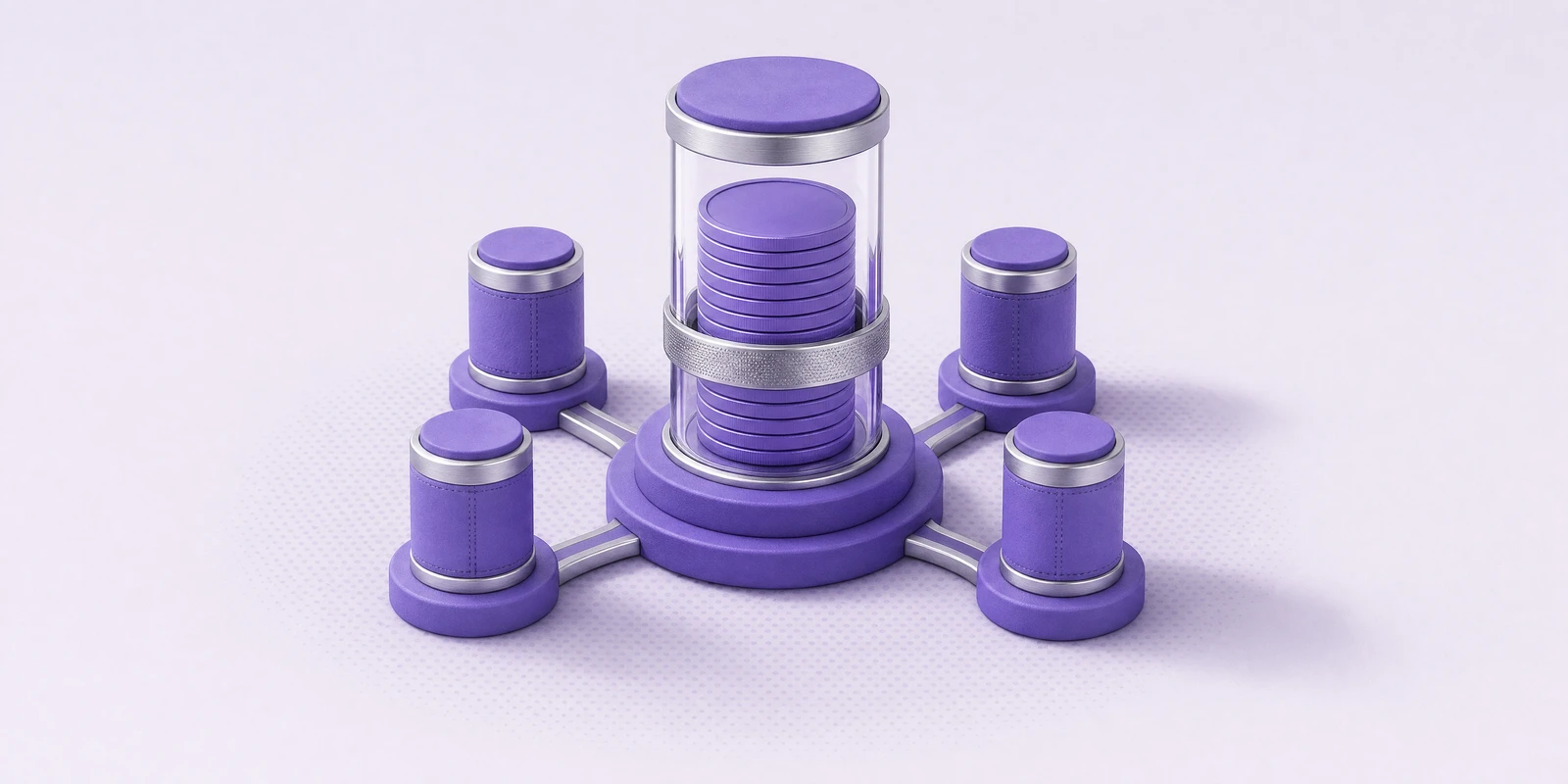 Five violet validator pillars ringed around a glass column of locked coins
