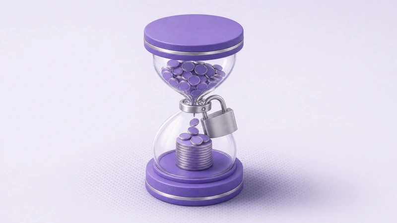 An hourglass of coins with a silver padlock clamped around its neck