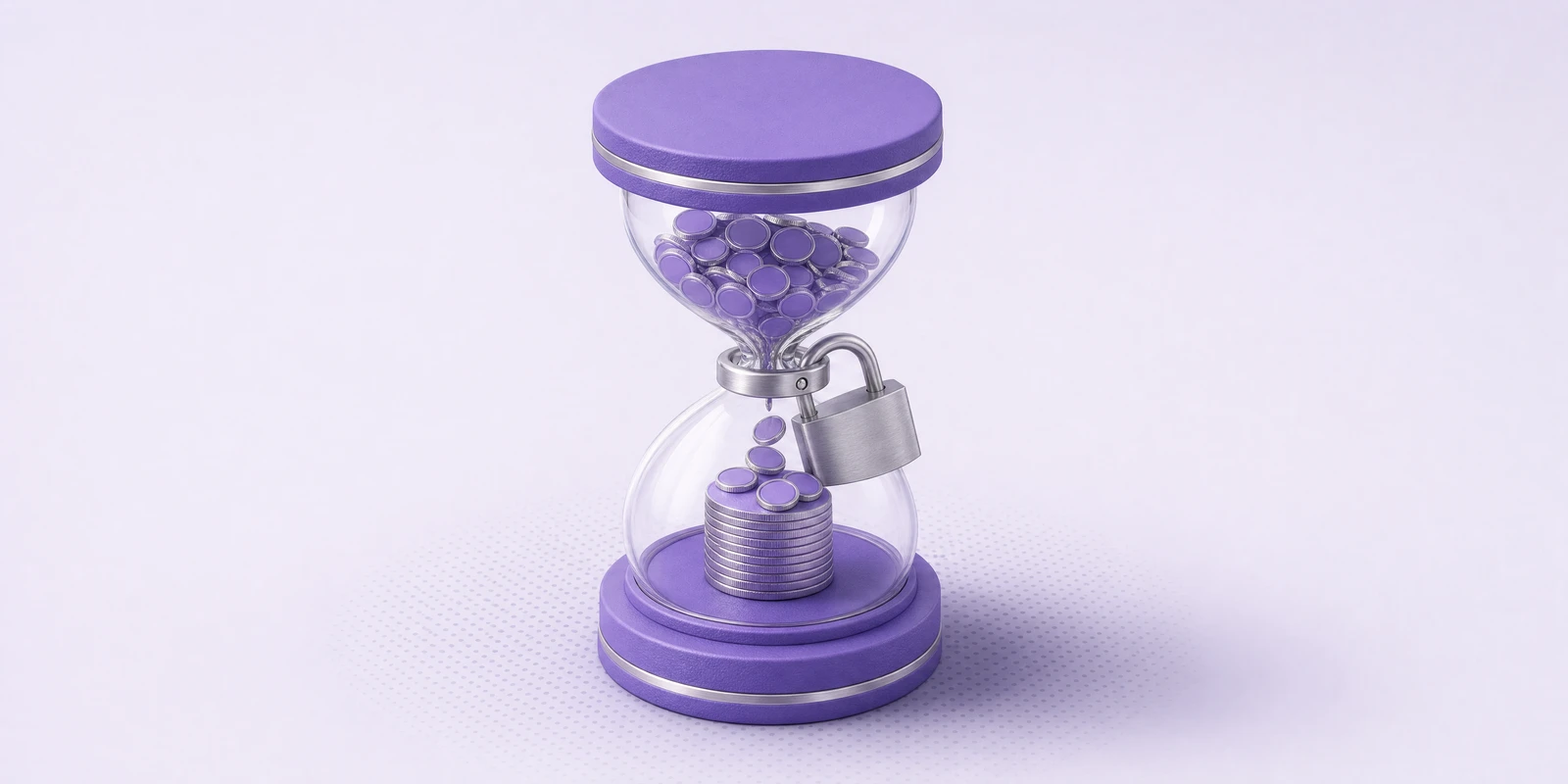An hourglass of coins with a silver padlock clamped around its neck