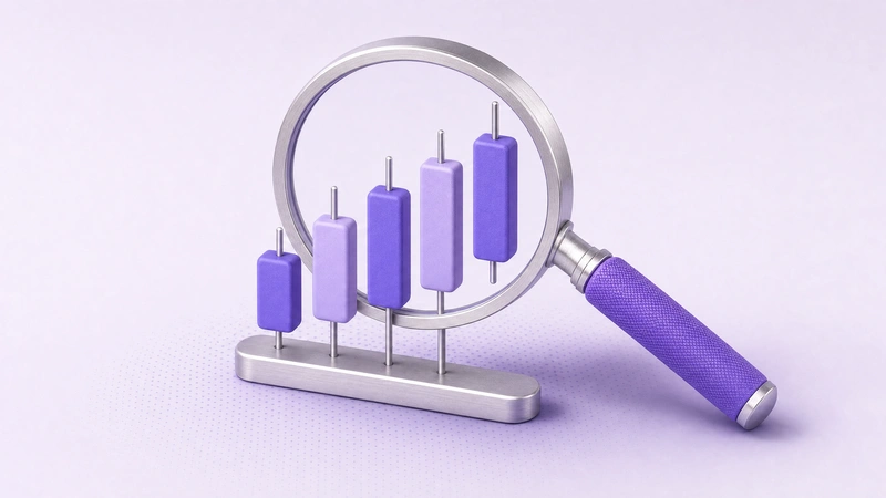 A magnifying glass over a rising row of candlestick bars