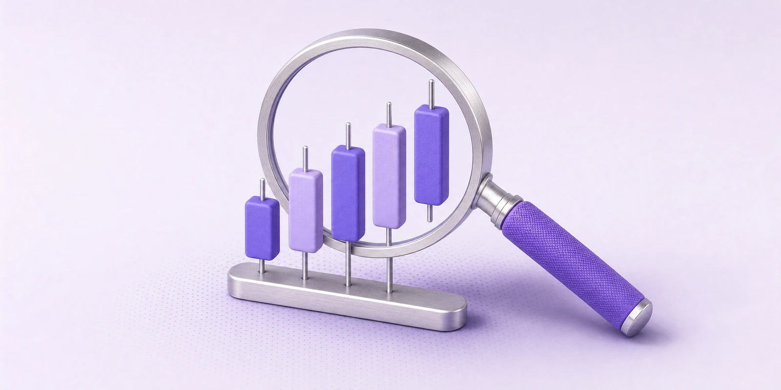 A magnifying glass over a rising row of candlestick bars