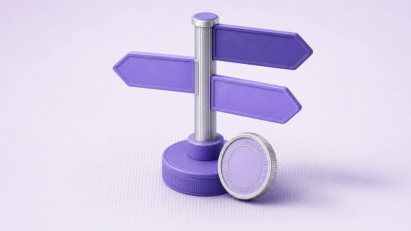 A signpost with three violet arrow boards and a coin at its base