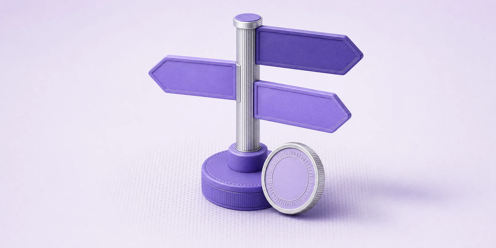 A signpost with three violet arrow boards and a coin at its base