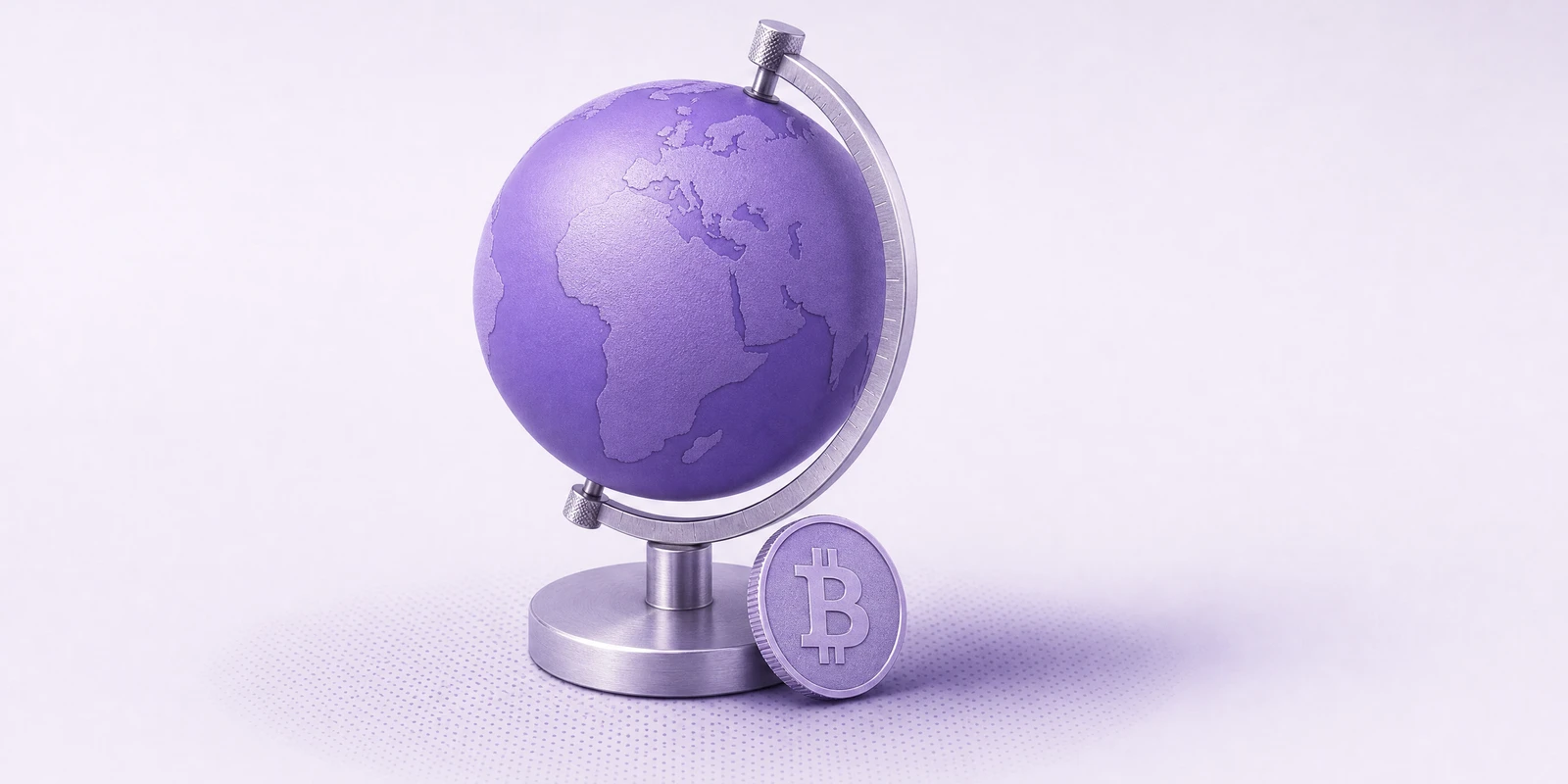 A violet globe on a silver stand with a Bitcoin coin at the base