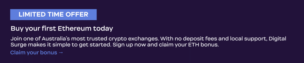 Beginner guide banner for buying Ethereum (ETH) in Australia with Digital Surge crypto exchange